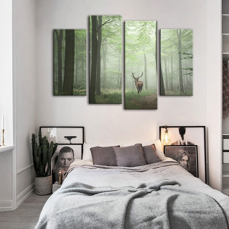 4 Stück Neblige Mystische Rehe im Wald - Leinwand Wandkunst Gemälde