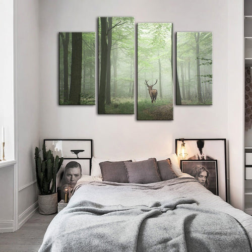 4 Stück Neblige Mystische Rehe im Wald - Leinwand Wandkunst Gemälde