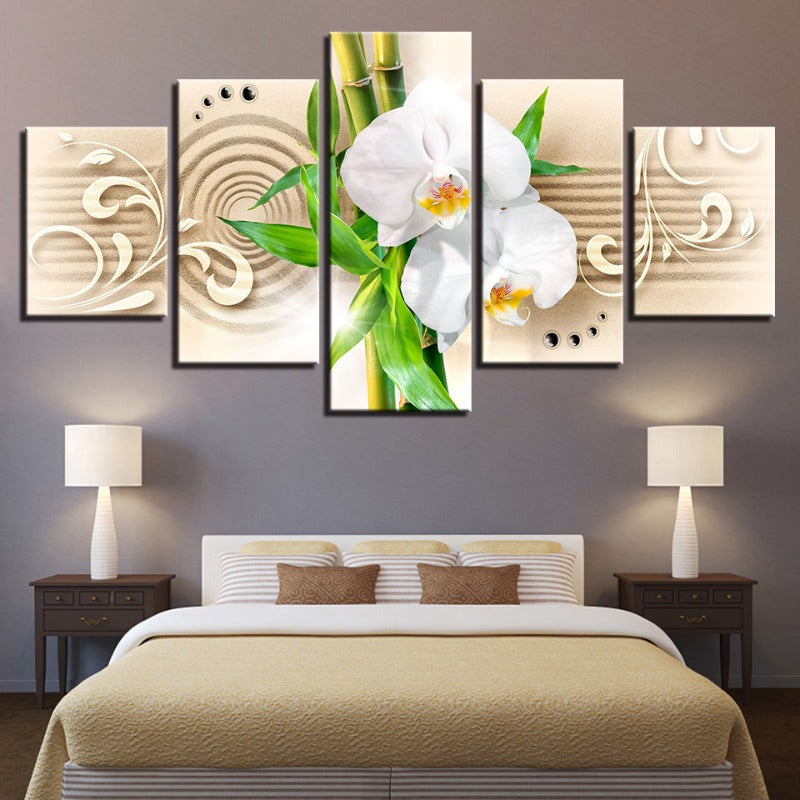 5-teiliges Bambus-Stick Weiß Blumen - Leinwand Wandkunst Malerei