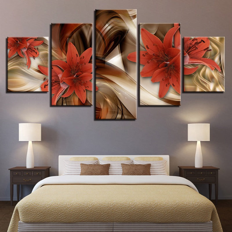 5-teilige goldene Hintergrund rote Blume - Leinwand Wandkunst Malerei