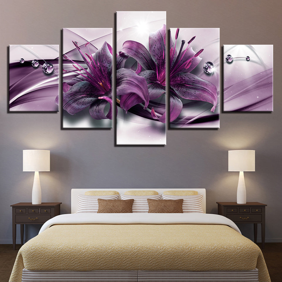 Tiefviolette Lilien, 5-teiliges Leinwandbild