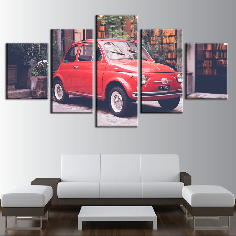 5 Stück Rote Mini Vintage Auto - Leinwand Wandkunst Malerei