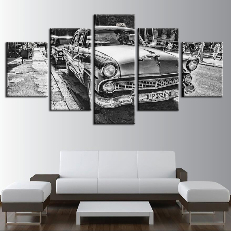 5-teiliges Schwarz-Weiß Vintage-Auto - Leinwand Wandkunst Gemälde