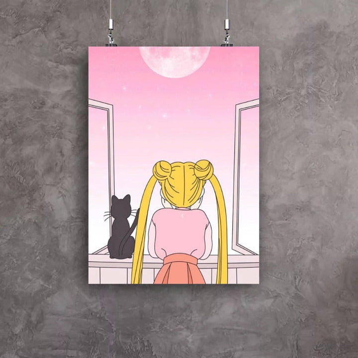 Mädchen Und Ihr Mond Katze - Leinwand Wandkunst Gemälde