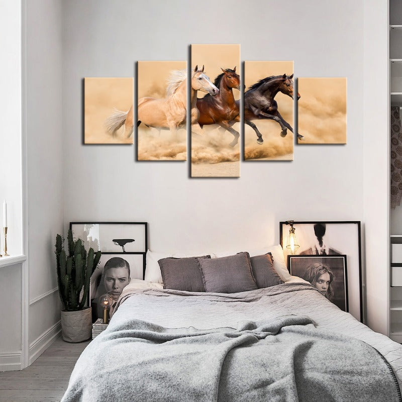 5 Stück Drei laufende Pferde in der Wüste - Leinwand Wandkunst Gemälde
