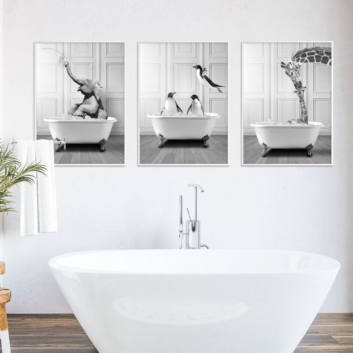 Modernes Elefanten-, Giraffen- und Pinguin-Poster in Schwarz-Weiß auf Leinwand