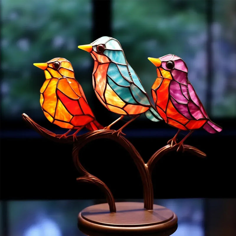 Vögel auf Zweigen Buntglasornamente | Karnz