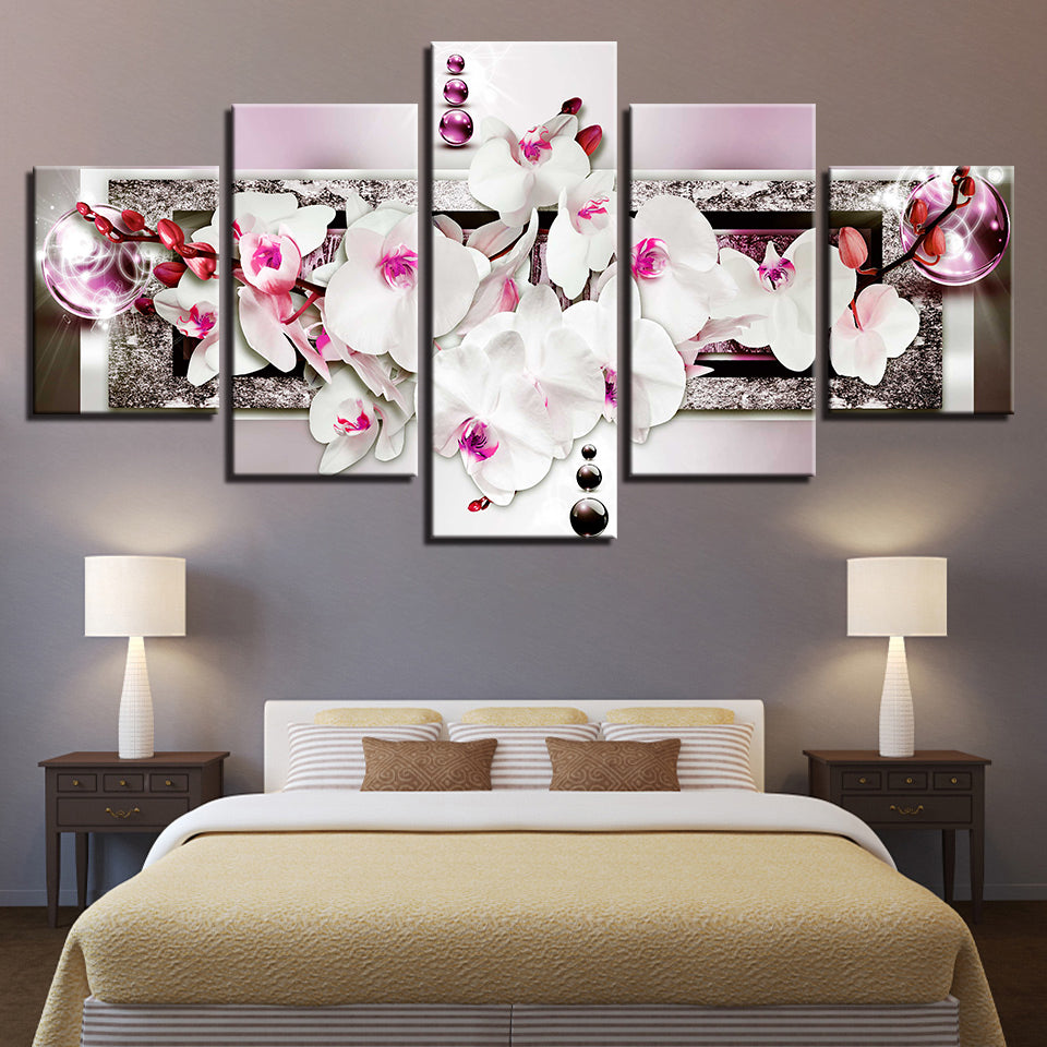 Atemberaubendes 5-teiliges Leinwandbild mit weißen und rosa Orchideen