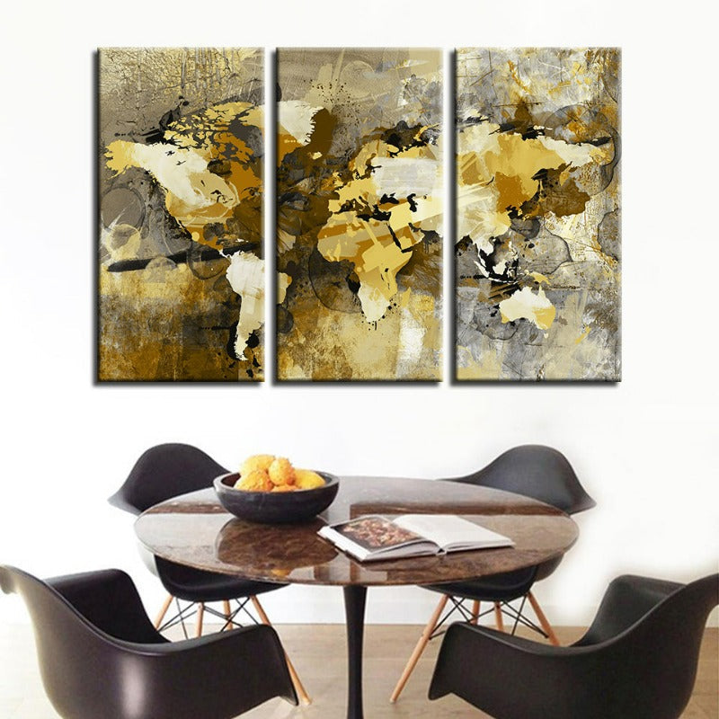 Schönes abstraktes gelb-braunes Weltkarte-Canvas-Wandkunst Gemälde 3 Stücke