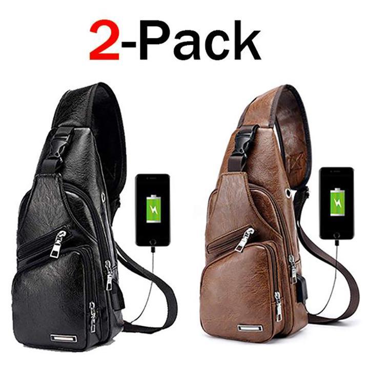 Karnz | Große Herren-Leder-Tasche Brust-Rucksack Wasserfester Crossbody-Bag mit USB