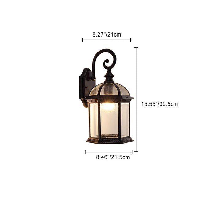 Traditioneller Vintage sechseckiger Schloss-Aluminium-Glas 1-Licht Außenwandlaterne für Garten | Karnz