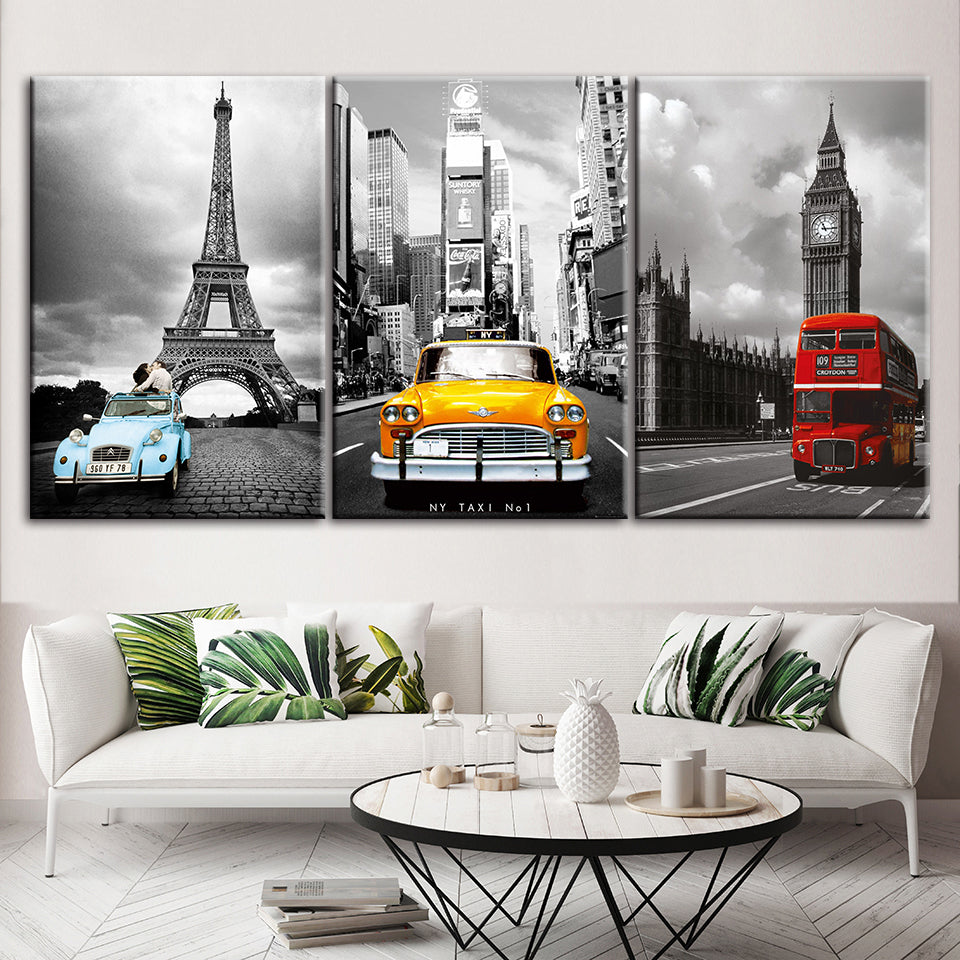 Dreiteiliges Leinwandbild „Autos in Primärfarben“