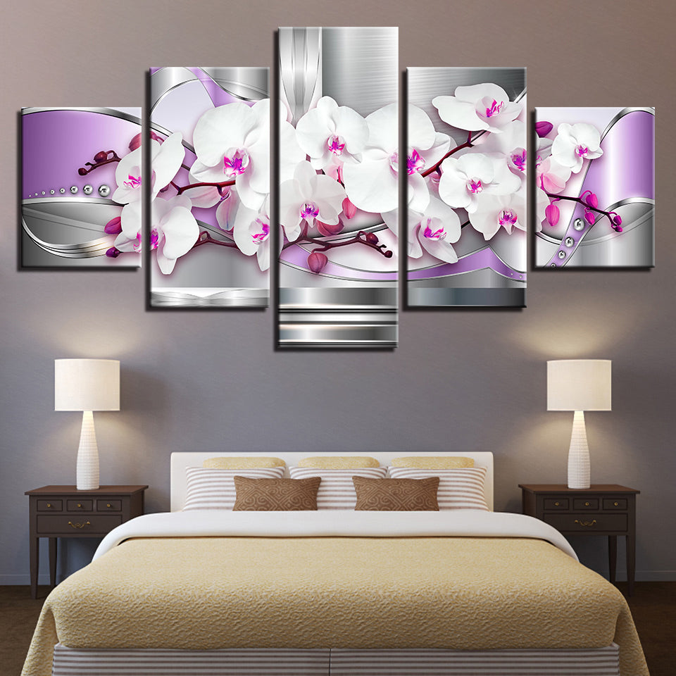 Metallic Weiße und Lila Orchideen 5 Stück - Leinwand Wandkunst Gemälde