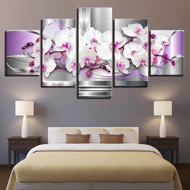 Metallic Weiße und Lila Orchideen 5 Stück - Leinwand Wandkunst Gemälde