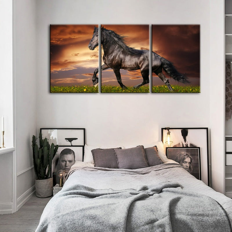 Galoppierendes schwarzes Pferd – Leinwandbild, 3-teilig