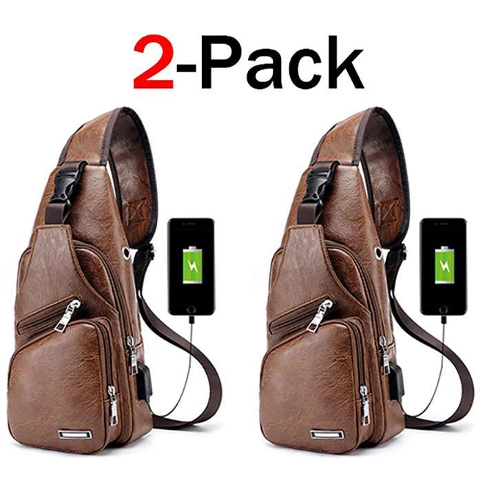 Karnz | Große Herren-Leder-Tasche Brust-Rucksack Wasserfester Crossbody-Bag mit USB