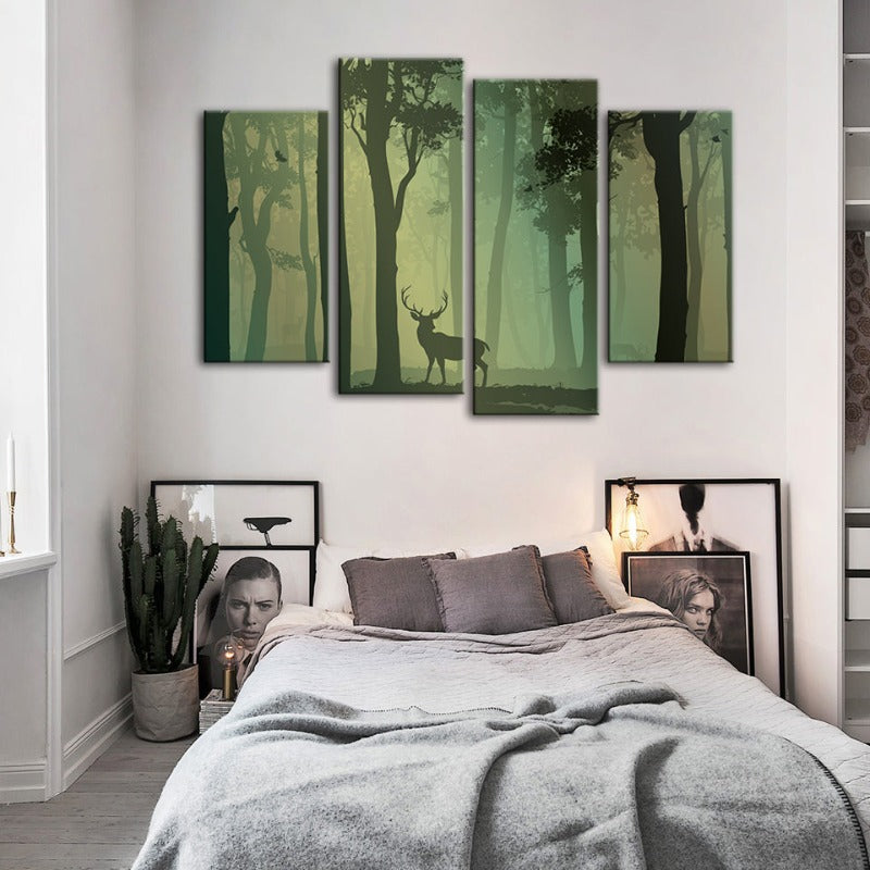 4-teilige verzauberte grünfarbige Silhouette von Rehen - Leinwand Wandkunst Gemälde
