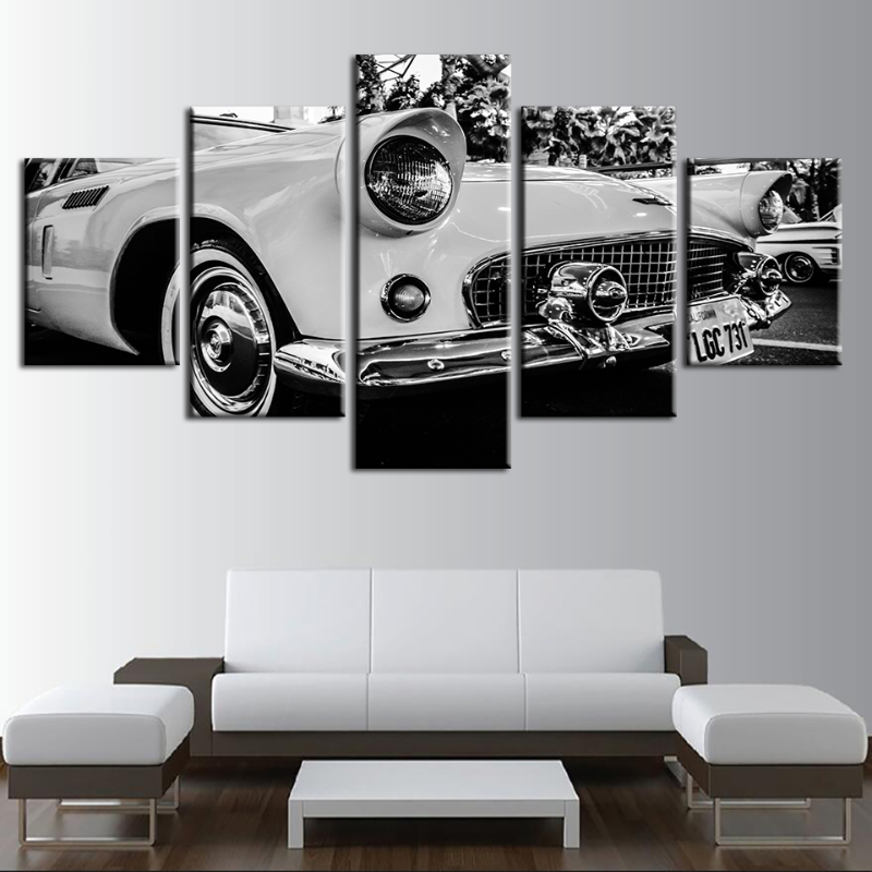 5-teilige weiße Vintage-Klassik-Auto - Leinwand-Wandkunst Gemälde