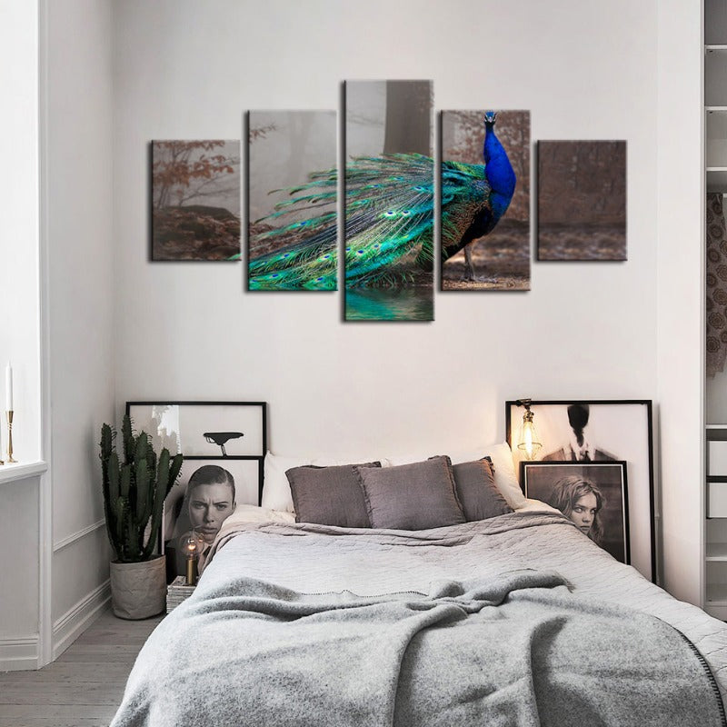 5 Stück Lebhafte Pfau am Teich - Leinwand Wandkunst Gemälde