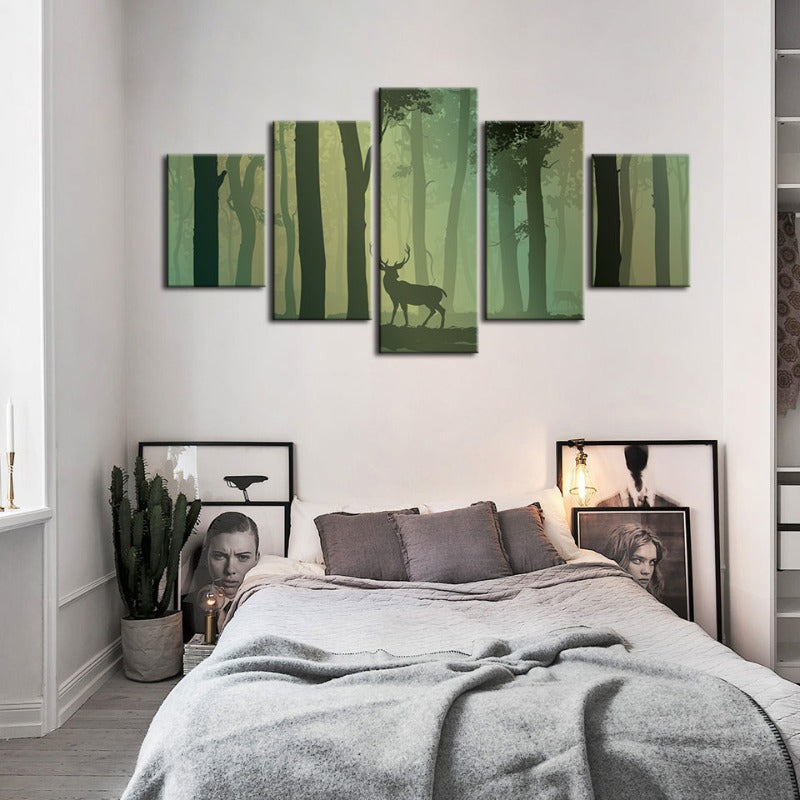 5-teilige verzauberte grüne Silhouetten-Hirsch - Leinwand Wandkunst Malerei