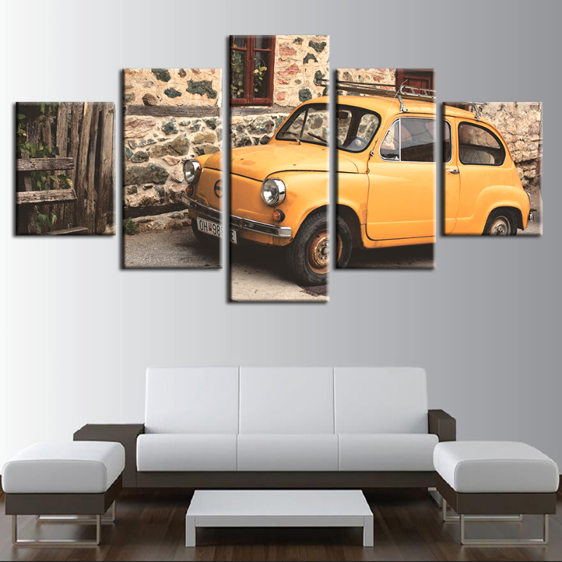 5 Stück - Gelbes Klassisches Vintage-Auto - Leinwand Wandkunst Gemälde