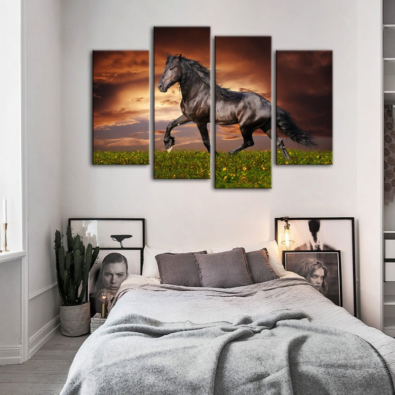 4 Stück Laufendes Schwarzes Pferd - Leinwand Wandkunst Gemälde
