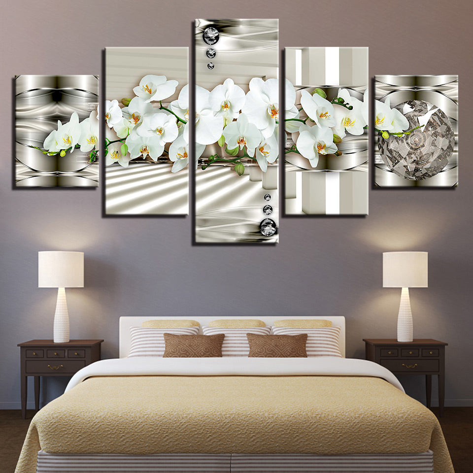 5 Stück Weiß Metallic Hintergrund Blume - Leinwand Wandkunst Gemälde