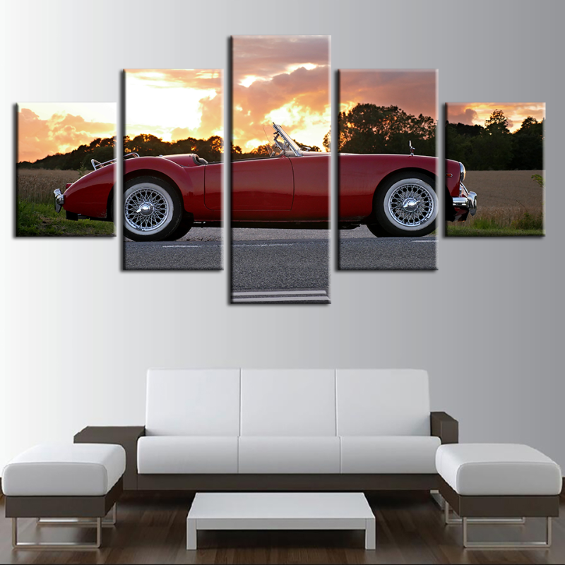 5 Teile Sonnenaufgang - Klassisches Rotes Vintage Auto - Leinwand Wandkunst Gemälde