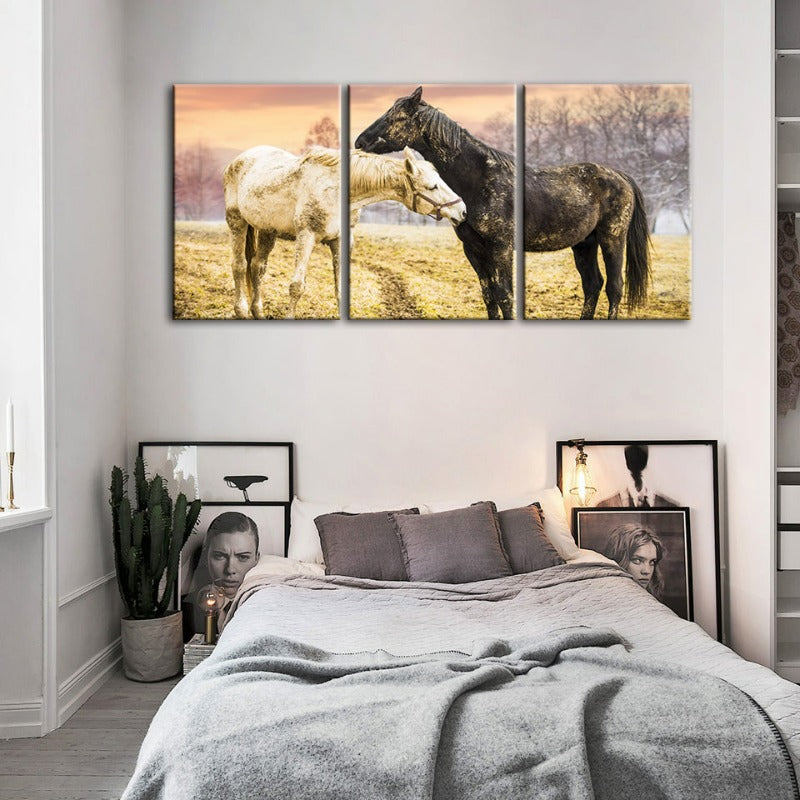 Schwarz & Weiße Pferde-Canvas Wandkunst Gemälde 3 Stücke