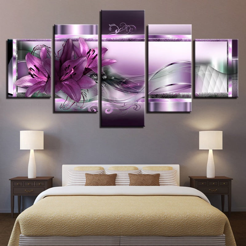 5-teiliges Lila Tulpenblumen - Leinwand Wandkunst Gemälde