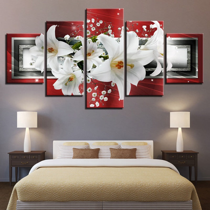 5 Stück Roter Hintergrund Weißer Tulpenblumen - Leinwand Wandkunst Gemälde