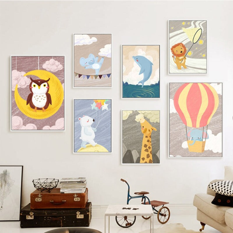 Cartoon Tiere Kinderzimmer - Leinwand Wandkunst Malerei