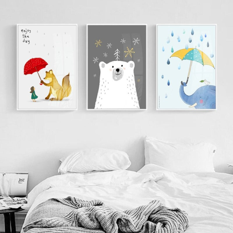 Cartoon Tiere Bär Fuchs - Leinwand Wandkunst Malerei