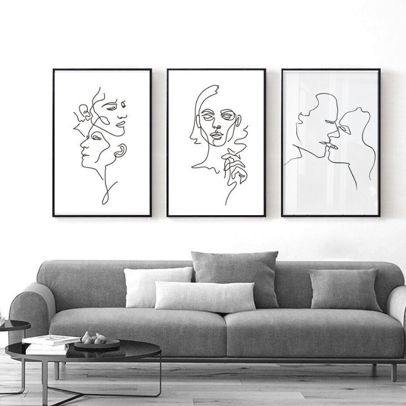 Abstract Love Kiss Schwarz und Weiß Linien Poster - Leinwand Wandkunst Gemälde