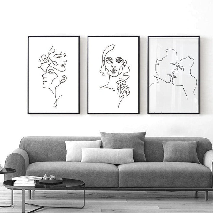 Abstract Love Kiss Schwarz und Weiß Linien Poster - Leinwand Wandkunst Gemälde