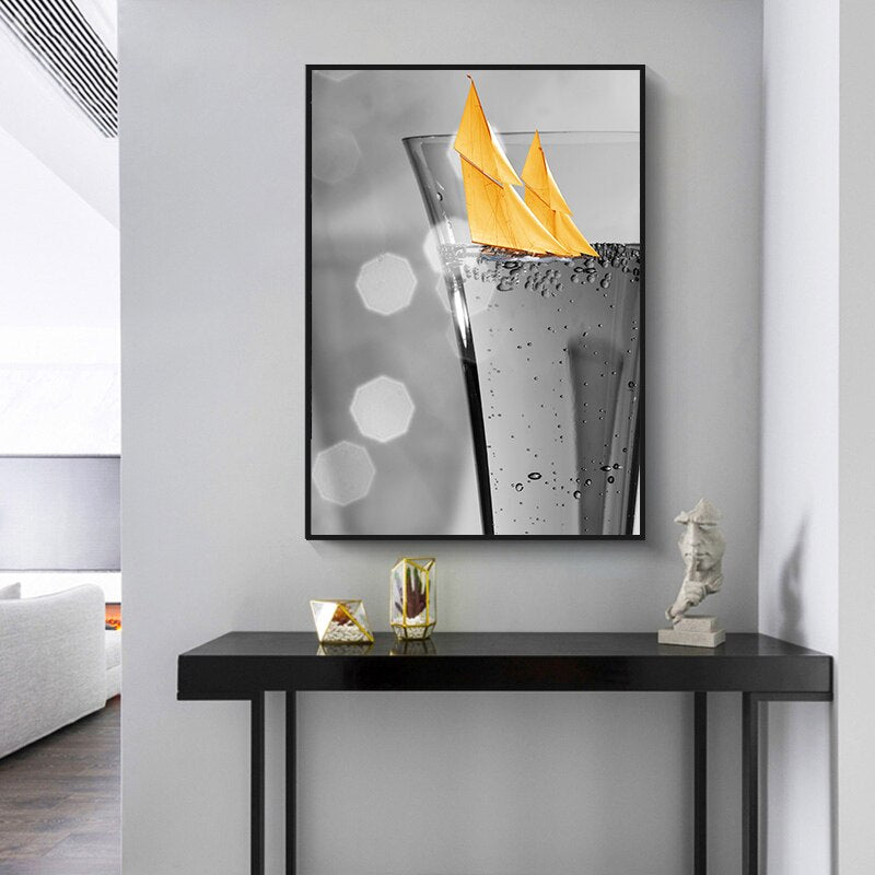 Schwarzes Weinglas mit Boot Wandkunst - Leinwand Wandkunst Malerei