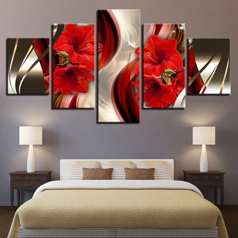 5 Stück Schwarzer Hintergrund Rote Hibiskusblume - Leinwand Wandkunst Gemälde