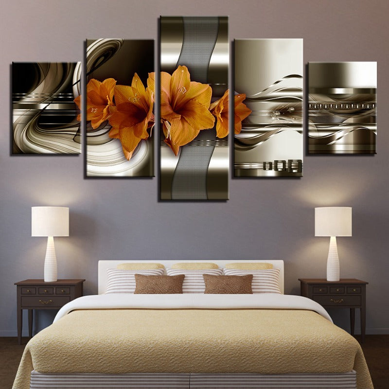 5-Teiliges Braunton Gelbe Blume - Leinwand Wandkunst Gemälde