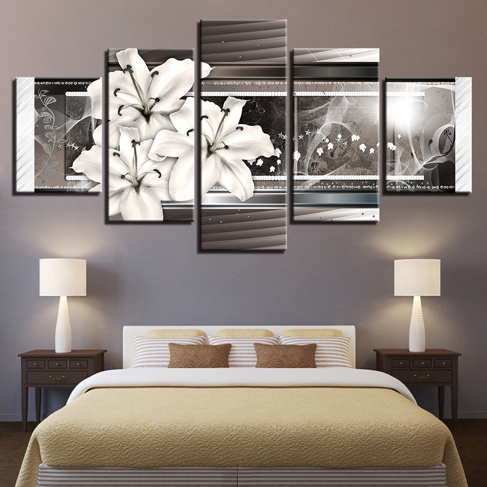 5-teiliges Weiß- und Silberblumen - Leinwand Wandkunst Gemälde