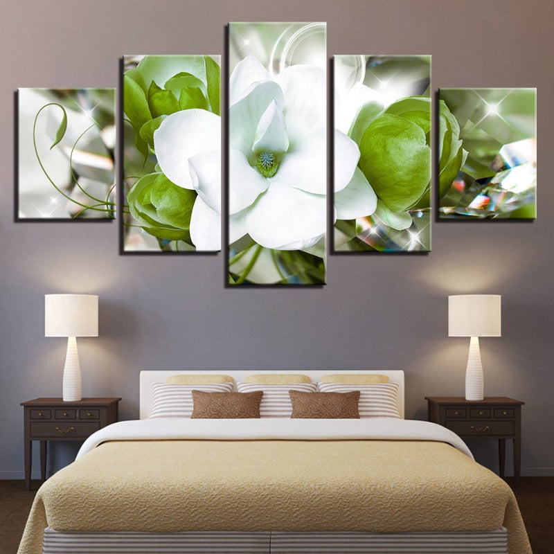 5-teiliges Grün Hintergrund Weiß Blumen - Leinwand Wandkunst Gemälde