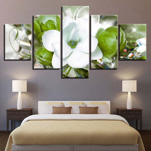 5-teiliges Grün Hintergrund Weiß Blumen - Leinwand Wandkunst Gemälde