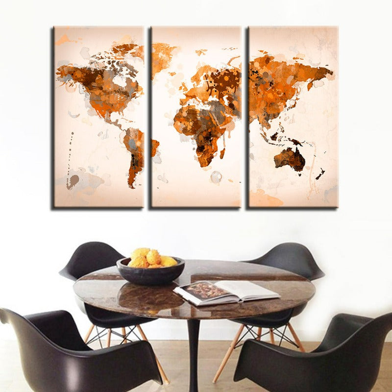 Schöne abstrakte braune Weltkarte-Canvas-Wandkunstbild 3 Teile