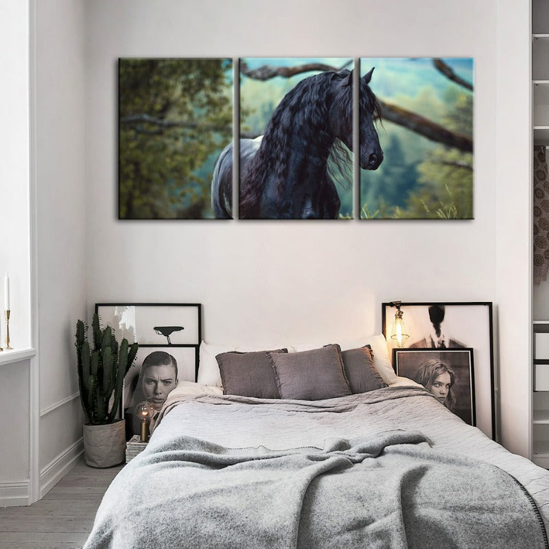Schwarzes Pferd im Wald - Leinwand Wandkunst Gemälde 3 Teile