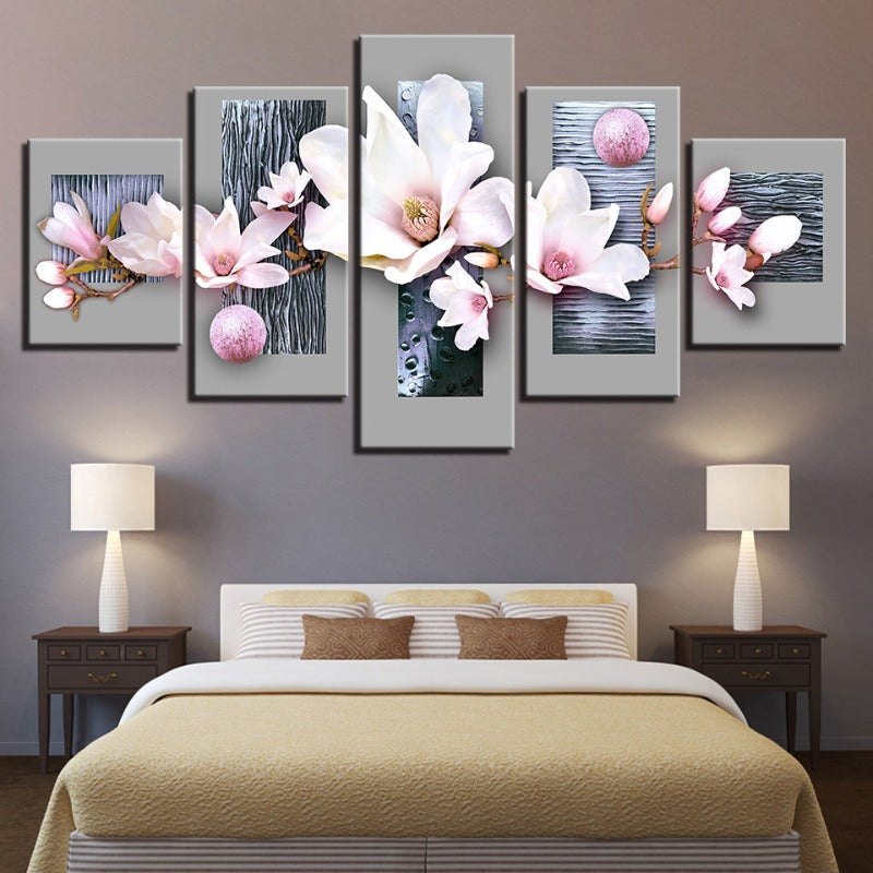 5 Stück Blau Holz Hintergrund Pink Farb Blume - Leinwand Wand Kunst Malerei