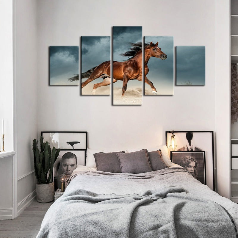 5 Stück Braunes Pferd in der Wüste - Leinwand Wandkunst Gemälde