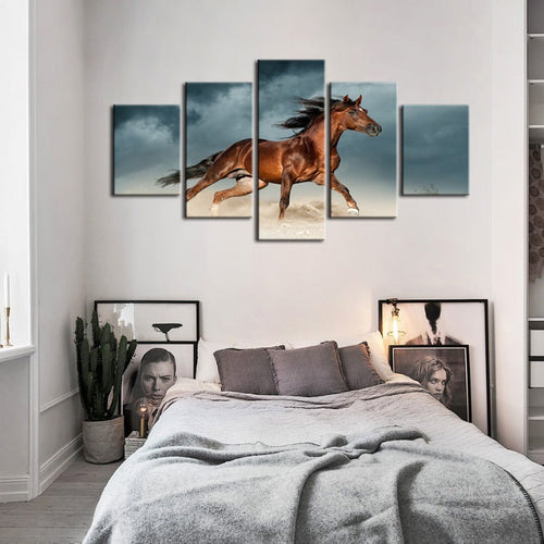 5 Stück Braunes Pferd in der Wüste - Leinwand Wandkunst Gemälde