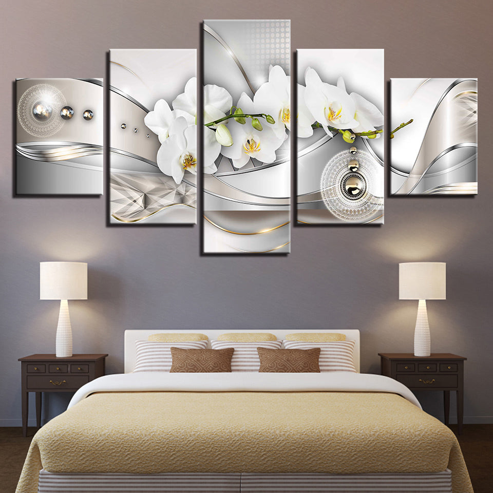 Weiße Orchideen und Metallperlen, 5-teiliges Leinwandbild