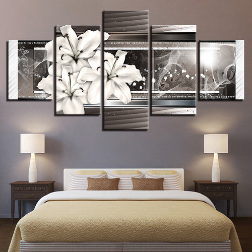 Graustufen Weiße Lilien 5 Stück - Leinwand Wandkunst Gemälde