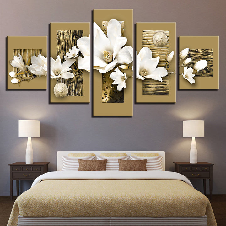 Goldene Akzente und weiße Magnolien 5-teilig - Leinwand Wandkunst Malerei