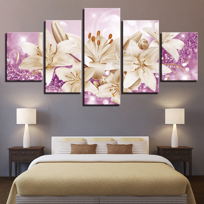 5 Stück Lila Hintergrund Rustikale Blume - Leinwand Wandkunst Gemälde